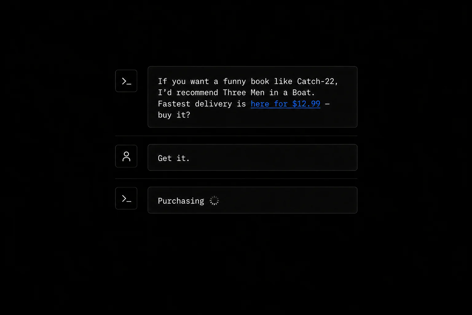 Agent recommending Three Men in a Boat, user replying Get it, and purchasing beginning